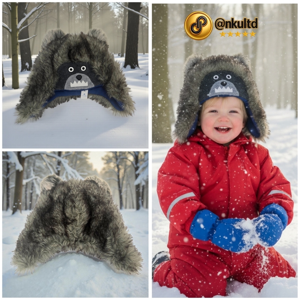 NWT BabyGap Monster Bear Trapper Hat Faux Fur Gray Blue Toddler S/M 2T 3T Rare